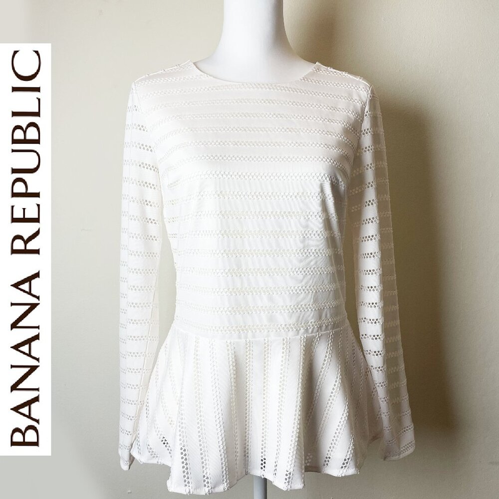 Banana Republic Ivory Long Sleeve Eyelet Shirt | Peplum Bottom | Never Worn